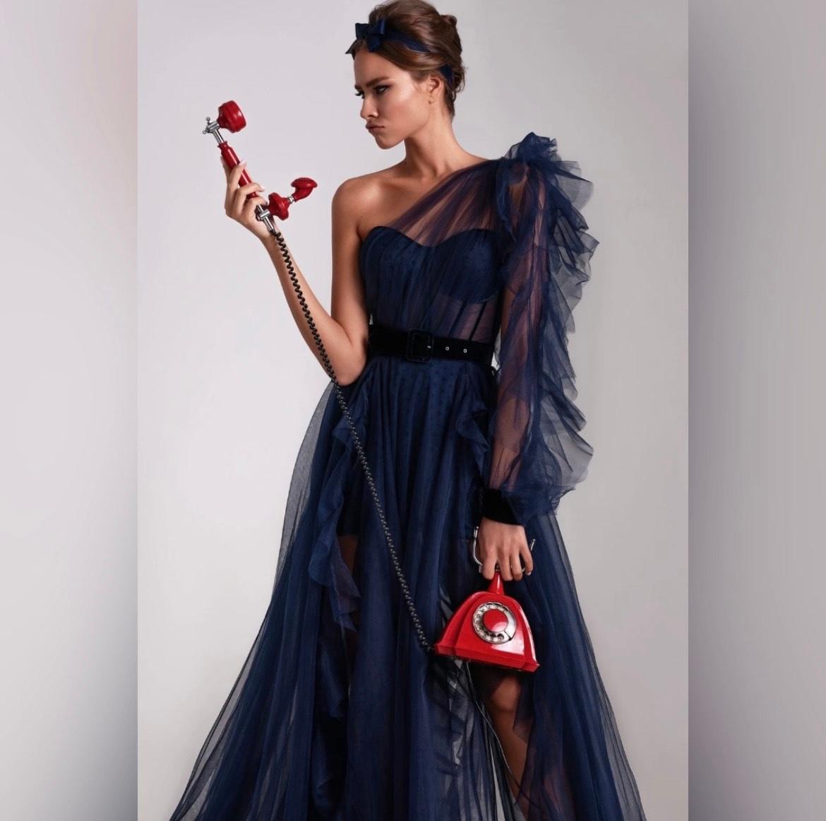 One-Shoulder Tulle Navy Gown with Ruffled Skirt