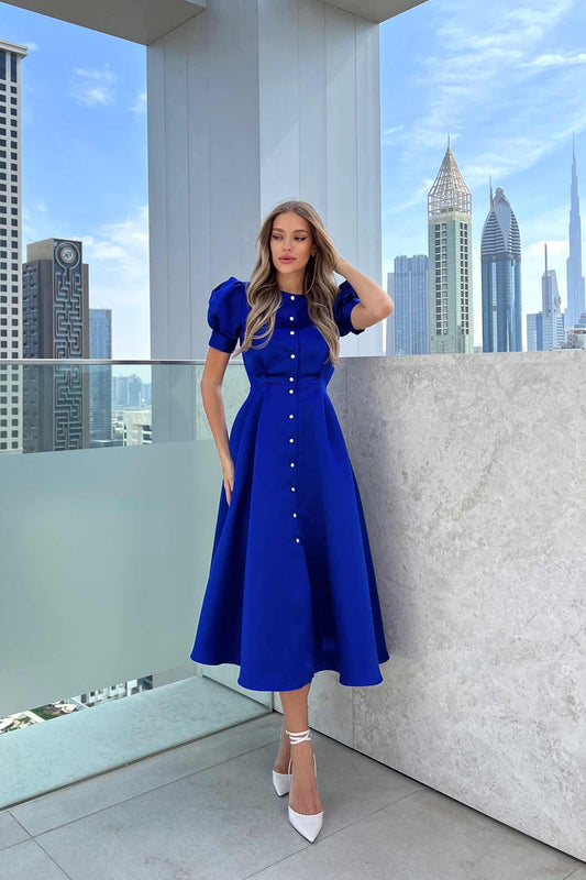 Button Front Midi Dress in Electric Blue