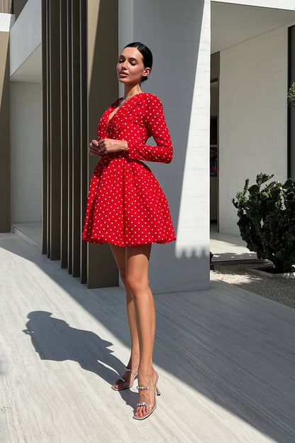 Long Sleeve Pleated Bodice Mini Belted Dress in Red