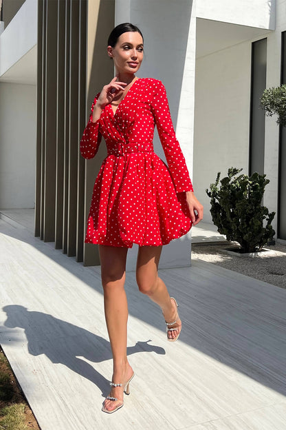 Long Sleeve Pleated Bodice Mini Belted Dress in Red