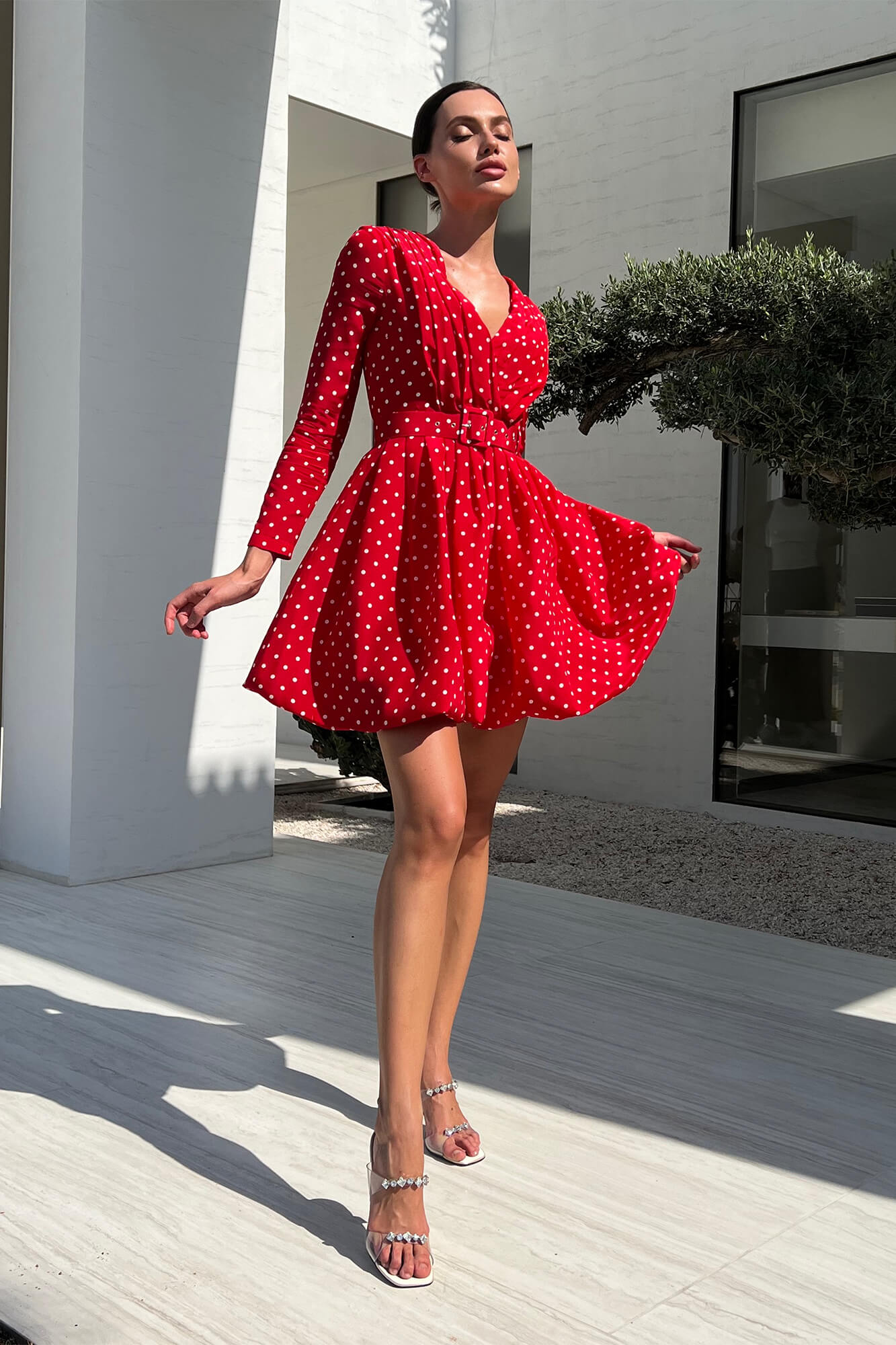 Long Sleeve Pleated Bodice Mini Belted Dress in Red