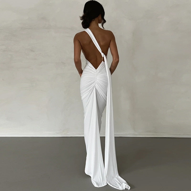 Draped Maxi Dress with Asymmetrical Neckline