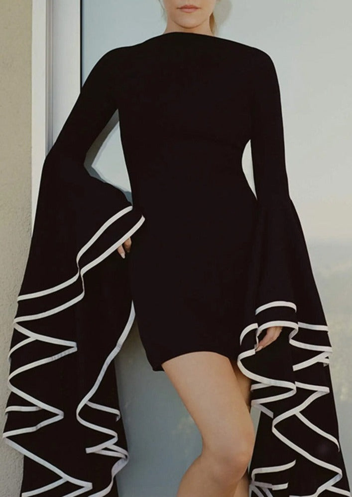 Black Mini Dress with Long Ruffle Sleeves