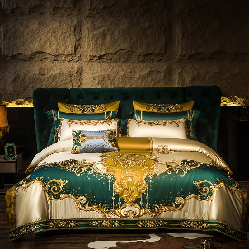 Rosalee Royal Gold and Green Embroidered Egyptian Cotton Duvet Cover Set