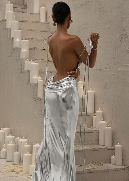 Form-Fitting Silver Maxi Dress