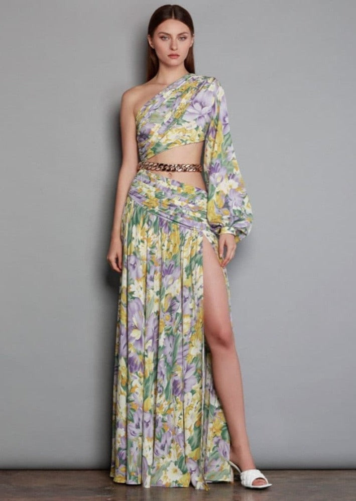 Asymmetrical Purple Floral Maxi Dress