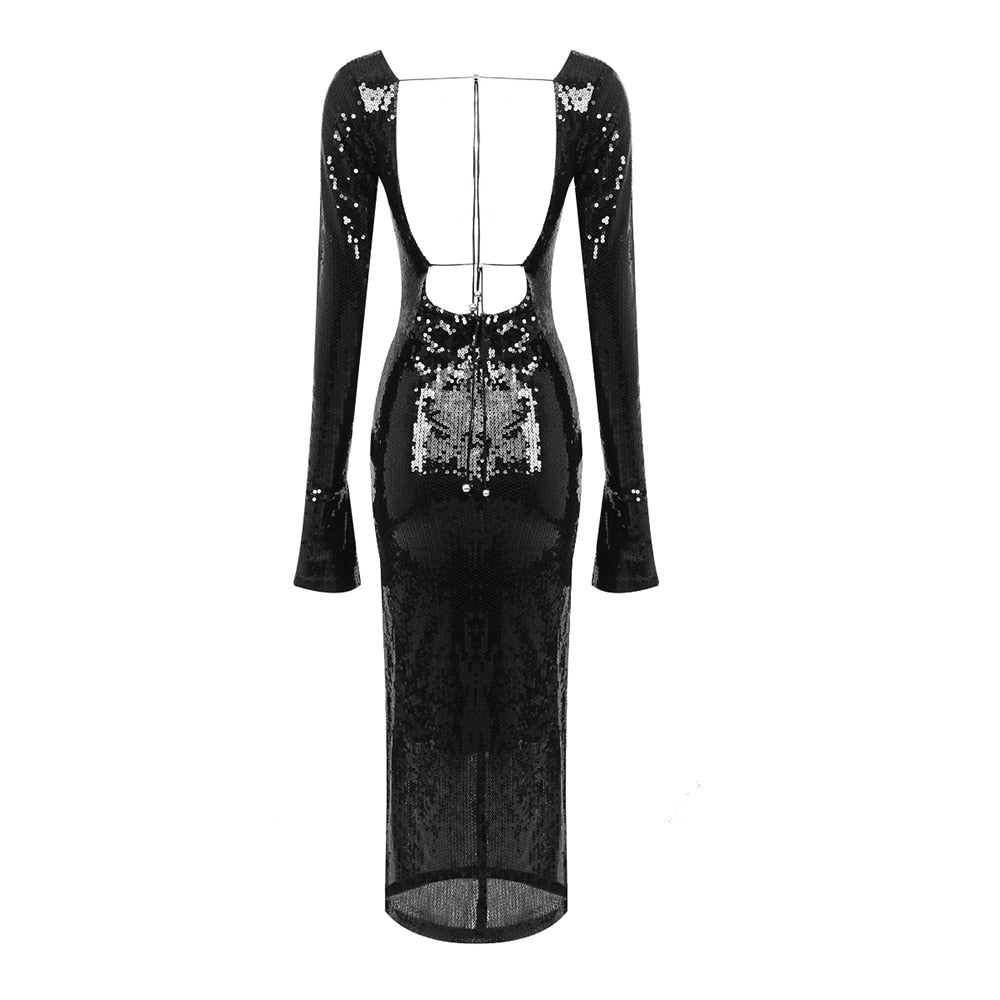 Sequined Black Maxi Dress with Open Back