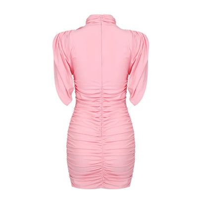 Ruffles Pink Mini Dress with Neck Flower