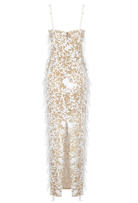 White Beaded and Feathers Maxi Dress