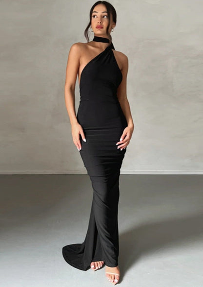 Draped Black Maxi Dress with Asymmetrical Neckline
