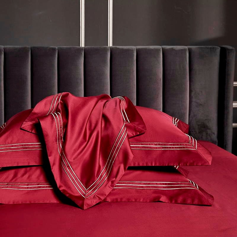 Leila Red Embroidered Edge Egyptian Cotton Duvet Cover Set