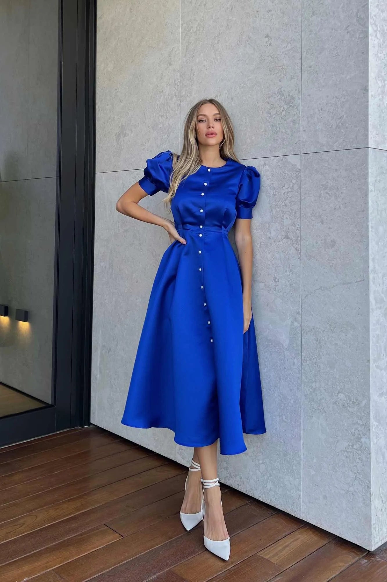 Button Front Midi Dress in Electric Blue