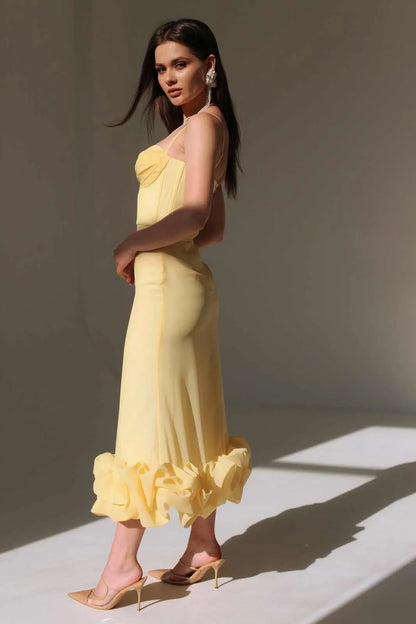 Draped Bodice Bottom Flounced Bustier Dress in Yellow