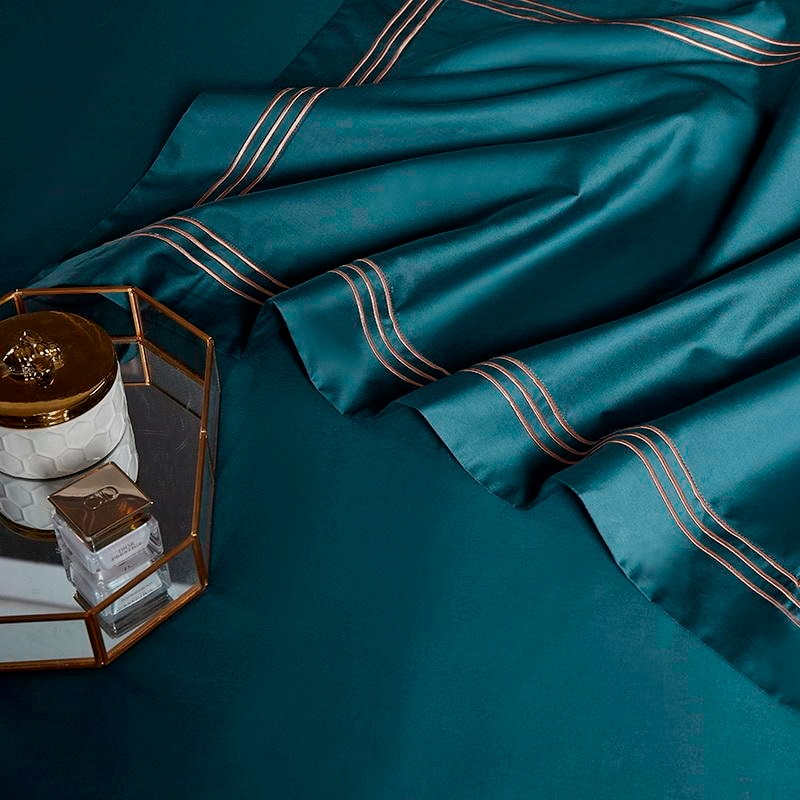 Leila Aqua Green Embroidered Edge Egyptian Cotton Duvet Cover Set