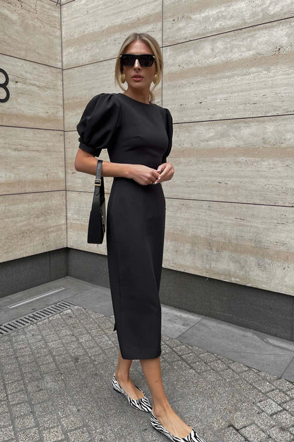 Voluminous Sleeve Midi Dress in Black