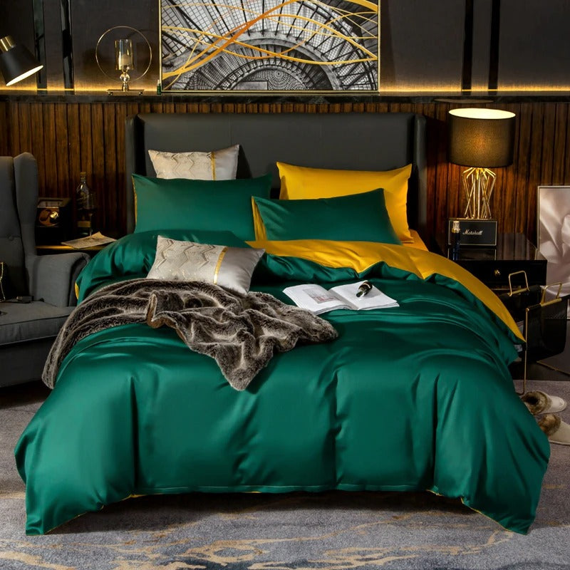 Shemir Emerald Green Gold Reversible Egyptian Cotton Duvet Cover Set
