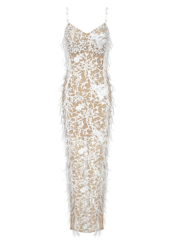 White Beaded and Feathers Maxi Dress