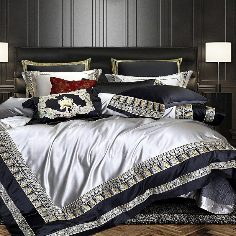 Lisa Silver Embroidered Jacquard Satin Duvet Cover Set