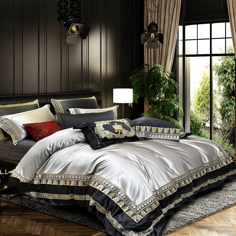 Lisa Silver Embroidered Jacquard Satin Duvet Cover Set