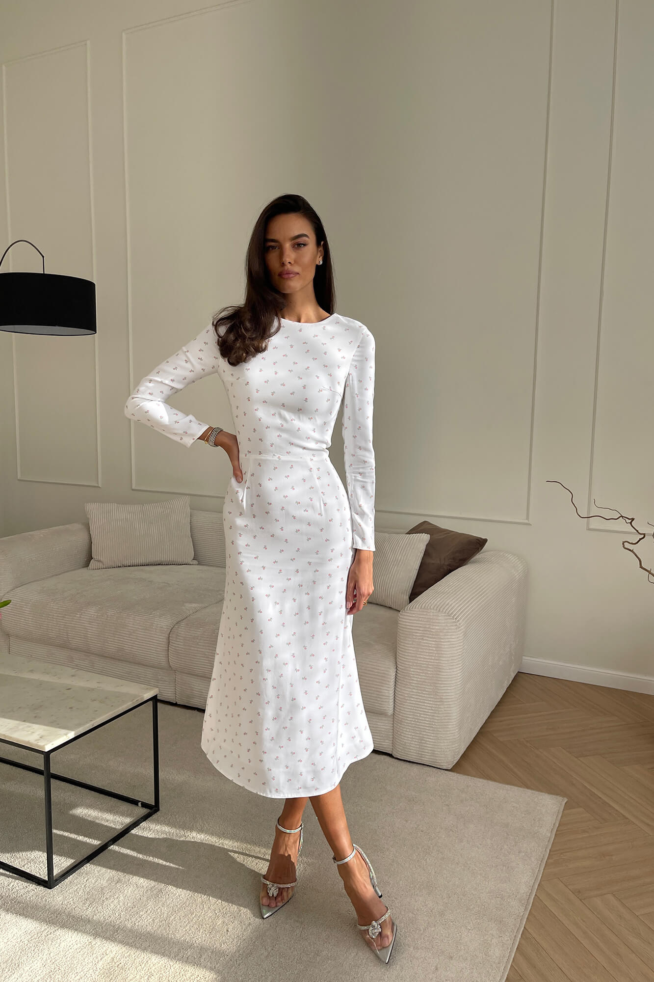 Godet Silhouette Long Sleeve Midi Dress in Ivory