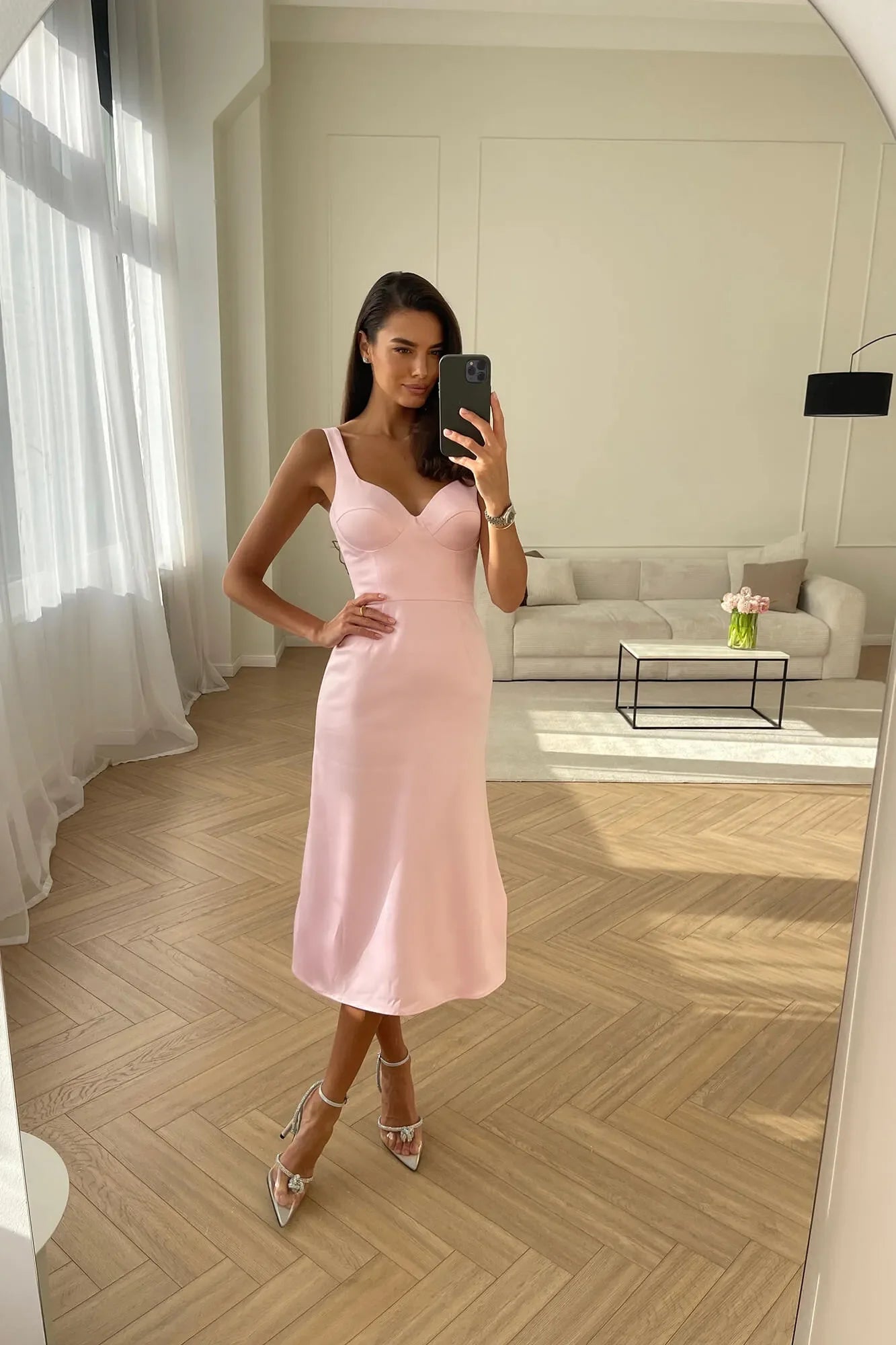 Satin V-Neck Midi Dress in Light Pink