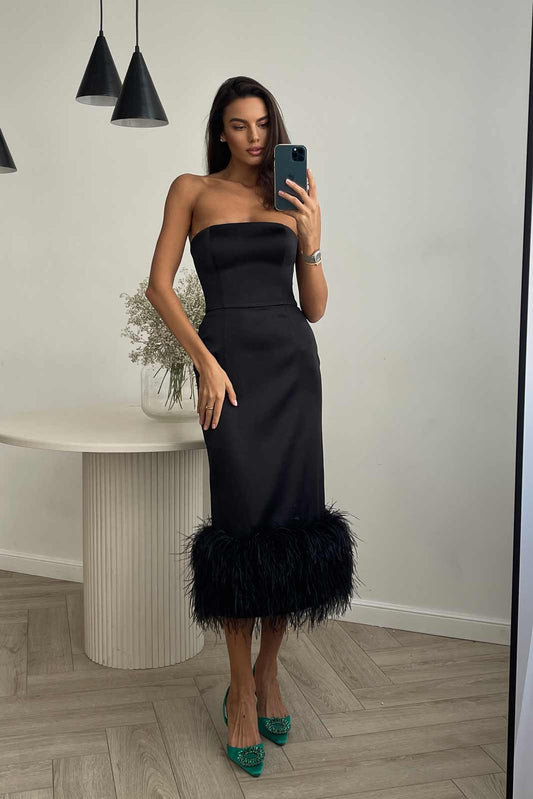 Feather Detail Satin Sheath Dress in Black