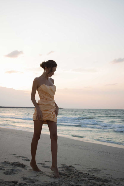 Asymmetric Drape Corset Dress in Peach