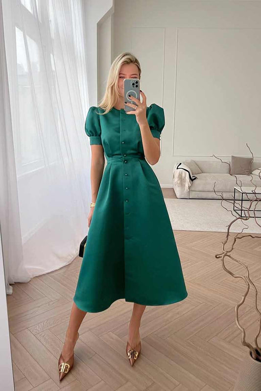 Button Front Midi Dress in Emerald