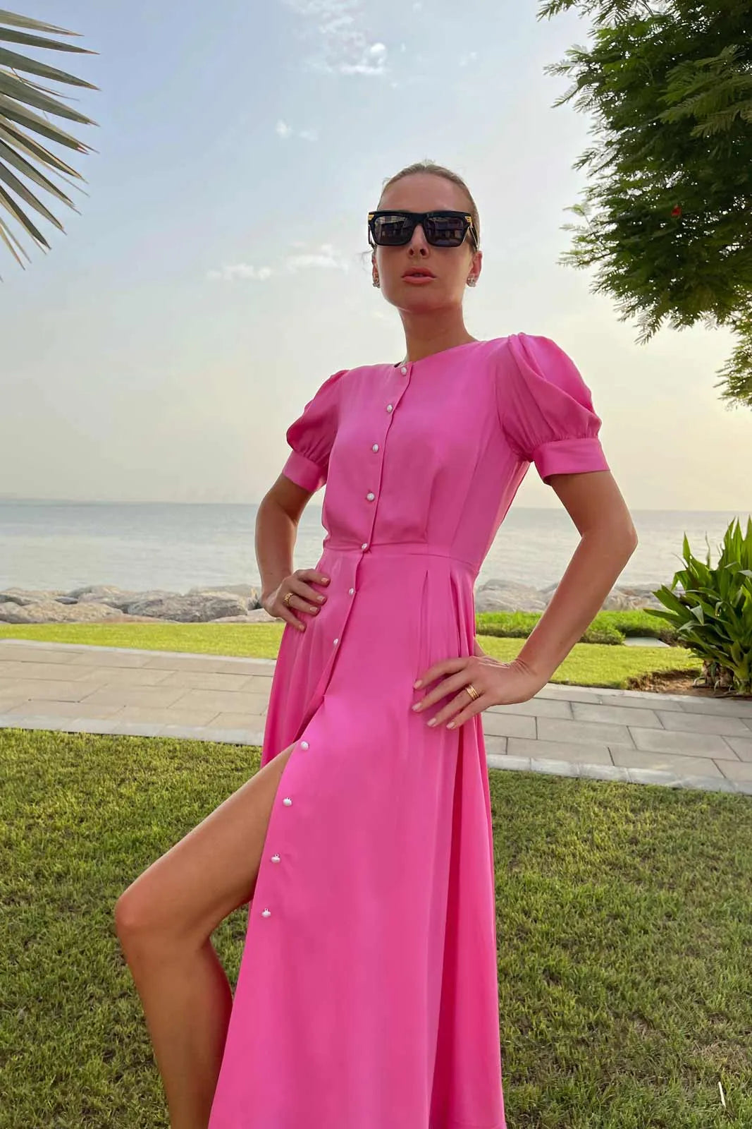 Button Front Midi Dress in Pink