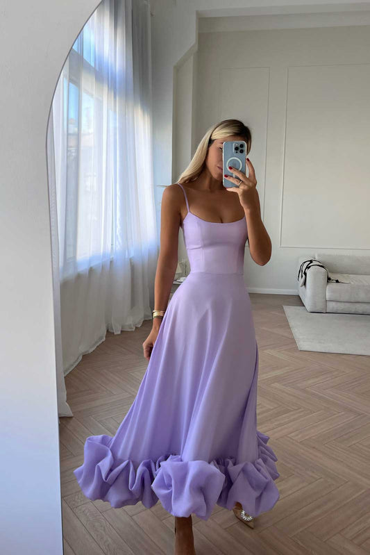 Flounce Bustier Midi Dress in Purple