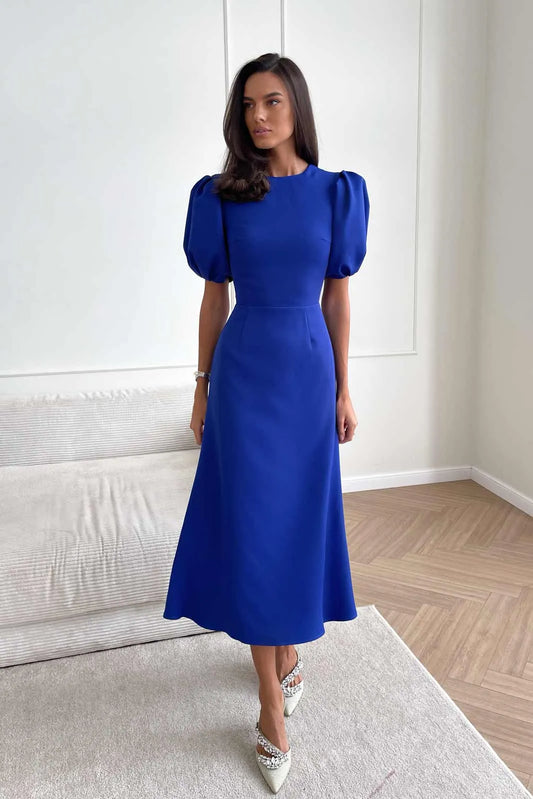 Godet Silhouette Puff Sleeve Midi Dress in Electric Blue