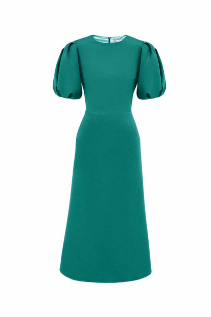 Godet Silhouette Puff Sleeve Midi Dress in Emerald