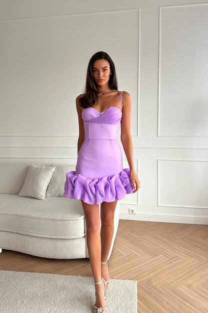 Draped Ruffle Mini Bustier Dress in Lavender