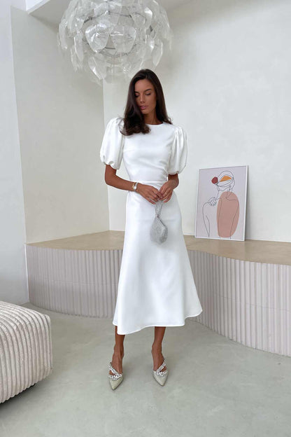Godet Silhouette Puff Sleeve Midi Dress in White