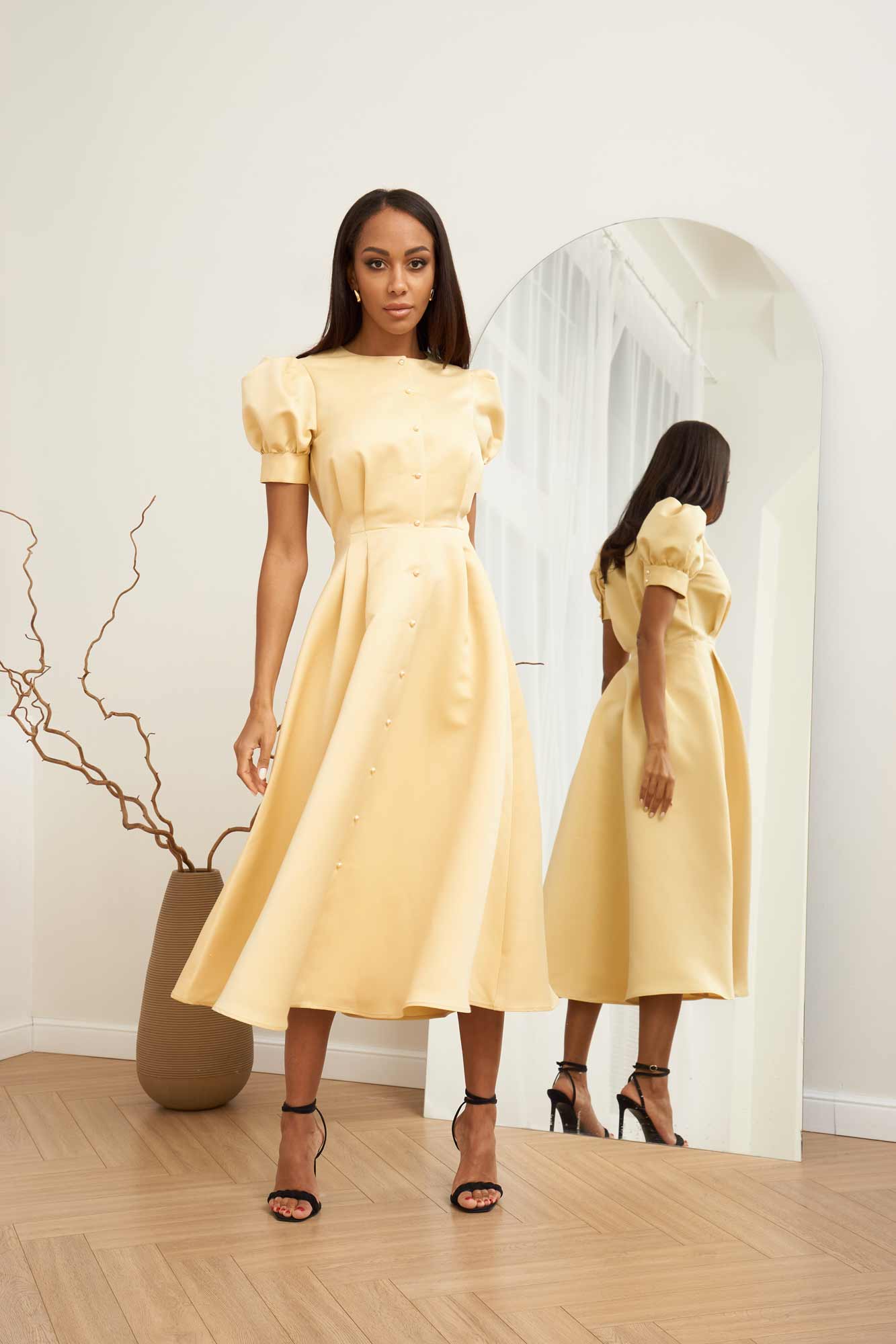 Button Front Midi Dress in Gold