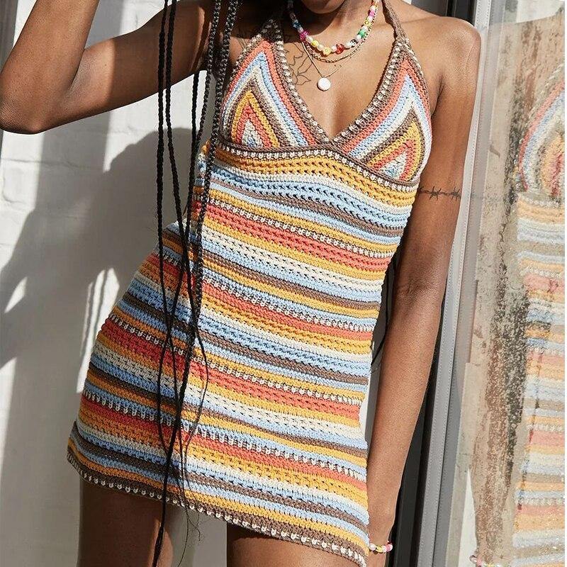 Bohemian Stripe Knit Crochet Halter Dress