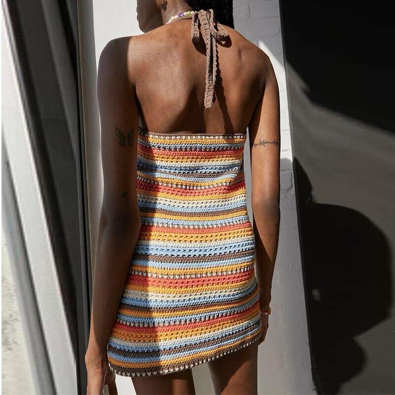 Bohemian Stripe Knit Crochet Halter Dress