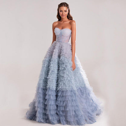 Strapless Frill-Layered Fluffy Dress