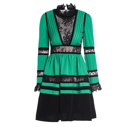 Lace & Velvet Pleated Crêpe Mini Dress in Green