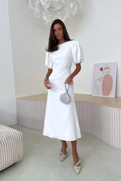 Godet Silhouette Puff Sleeve Midi Dress in White