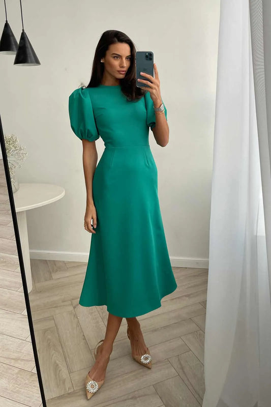 Godet Silhouette Puff Sleeve Midi Dress in Emerald