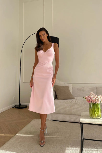 Satin V-Neck Midi Dress in Light Pink