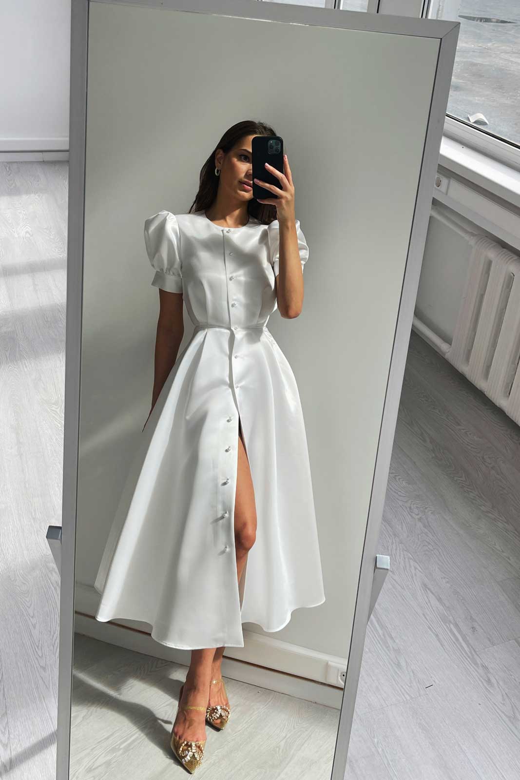 Button Front Midi Dress in Milk