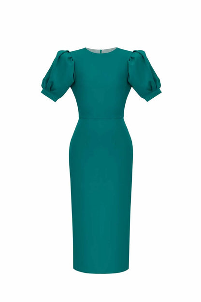 Voluminous Sleeve Midi Dress in Emerald