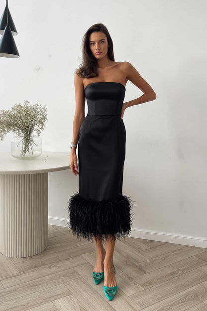 Feather Detail Satin Sheath Dress in Black