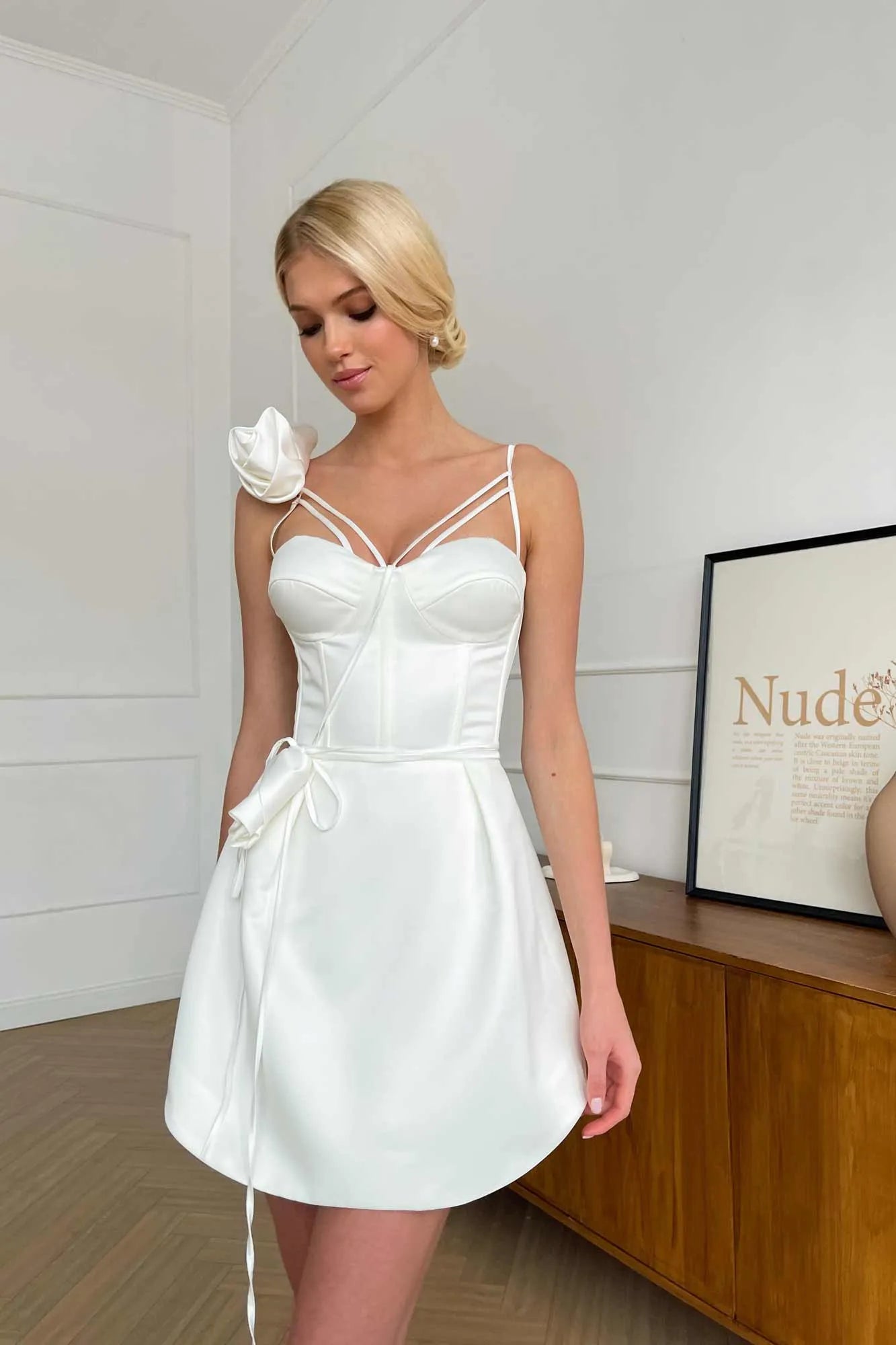 Rose Detail Corset Bell Mini Dress in White