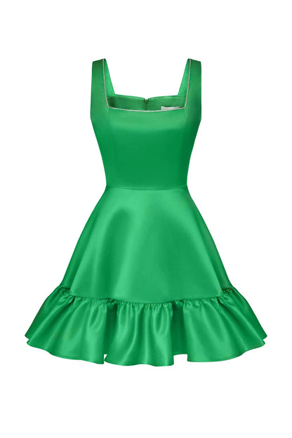 Bottom Flounced Strap Mini Dress in Green